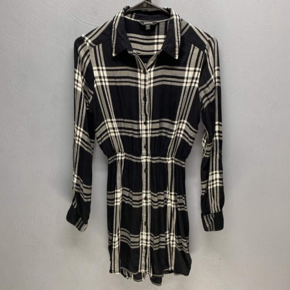 Express Navy Plaid Long Sleeve Flannel Shirt Dress - XS